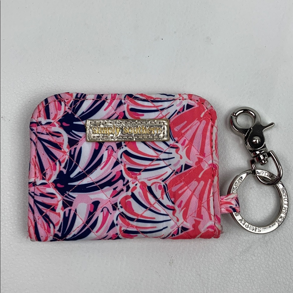Simply Southern Bright Pink and Navy Keychain card Holder Silver ring Snap close